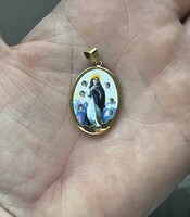 Gold fire enamel Virgin Mary pendant, porcelain showy size