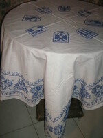 Beautiful antique hand embroidered blue leaf tablecloth