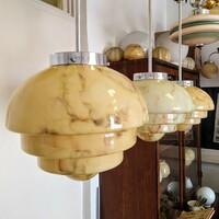 Art deco ceiling lamp trio renovated - special shape, marbled green and cream shade
