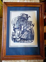 Linocut picture in wooden frame with unknown signature