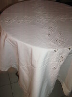 Beautiful azure embroidered woven white needlework tablecloth