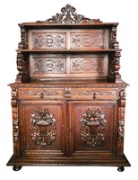 A821 antique, freshly renovated, richly carved renaissance style glass chair, sideboard