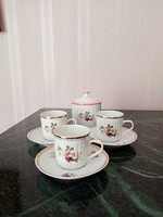 3 Hólloháza wild rose porcelain coffee cups and saucers + 1 wild rose sugar bowl with lid