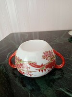 Antique oriental Japanese geisha Kutan porcelain sugar bowl with brown rim without lid