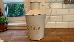 Old, large,, enameled with flowers on a white background, village water jug, vintage,