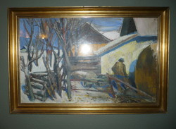 Ezüst György(1935-2017) "Tanya télen" című olaj-vászon, szignózott képcsarnokos festménye