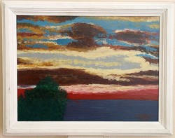 Sea sunset, in a Provençal style wooden frame, 36 x 46 cm, oil on cardboard