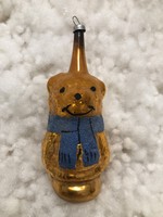 Antique, old Christmas tree decoration, glass teddy bear with a blue scarf