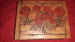 Antique heavy, iron-plated, heavy, thick wooden, painted, scratched, flower-lined decorative box on the inside