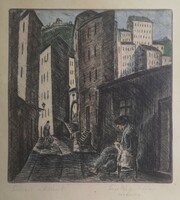 Dési Huber István(1895-1944): Firenzei sikátorok. Ritka, színezett rézkarc.