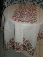 Beautiful antique off-white burgundy floral woven tablecloth