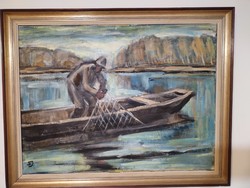 János Schadl (1892-1944) - the fisher. Large, framed oil/canvas painting.