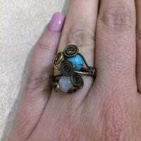 Handmade coiled copper wire ring with turquoise and moonstone