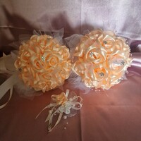 Wedding mcs43 - peach-colored bridal bouquet, bridesmaid's bouquet, groom's pin made of satin rose