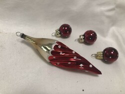 Antique, old glass Christmas tree decoration, red polka dot icicle