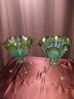 Két Art Nouveau irizáló bronztalpas uránüveg kínáló, asztalközép - Loetz - Austria