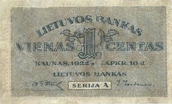 1 Centa 1922 Lithuania corrected rare