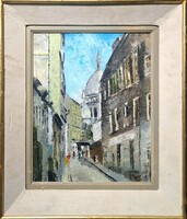 Montmartre street with the sacré coeur basilica - Paris, 1957 - signed oil painting in frame