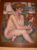 György Rózsahegyi, reading nude, 50 cm. X 40 cm. Oil + wooden frame