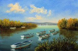Action György lantos Balaton landscape with moored boats 20x30