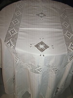 Beautiful hand-crocheted edge sewn lace inlay white needlework tablecloth