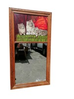 Wooden framed mirror with cat painting