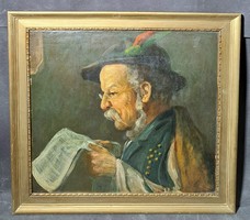 Horváth g. Andor: man reading newspaper, solnok (old oil painting)