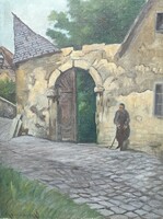 Street scene with arched gate (signed oil painting in frame)