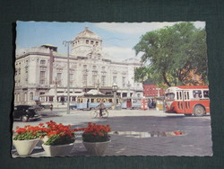 Képeslap, postcard,Svédország,Stockholm,Kungl,Dramatiska Teatern,színház,villamos,busz,1960