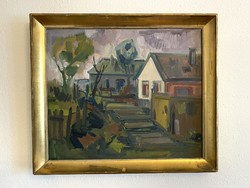 József Herwert (1939-1987) house courtyard oil gallery painting in original frame