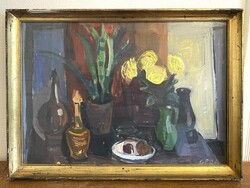 Éva Gera (1923-1996) table still life oil gallery painting in original frame