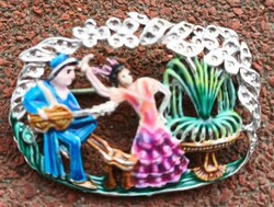 Vintage painted scene pin - brooch ( safety lock )