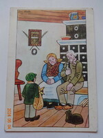 Old graphic Christmas/New Year greeting card, drawing by Josef Lada