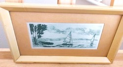 (K) Sunyoghy András silk etching Balaton landscape 31x17 cm with frame