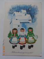 Régi grafikus újévi üdvözlő képeslap, Kecskeméty Károly rajz - postatiszta