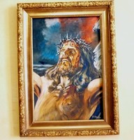 Jesus on the cross. Antique oil painting./Large oil/.