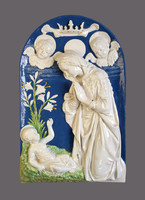 Andrea della Robbia: Adoráció, kerámia relief firenzei felújítás, Cantagalli műhely XIX/XX. sz.
