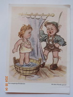 Régi grafikus üdvözlő képeslap: A kíváncsi kistestvér (Arnulf Erich Stegmann rajz), postatiszta