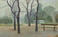 Detail of a park, old pastel - gardener's aladár? Landscape with trees and bench