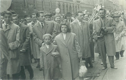 A parade, sometime after the liberation, on the streets of Budapest. Original paper image.