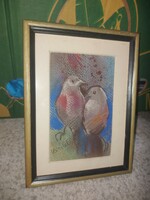 Kovács Emőke: "Párban", festmény, madarak, 18x13 cm+paszpartu+keret, vegyes technika
