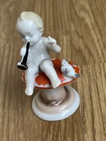 Fairy antique German porcelain mushroom with boy and bird.