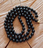 Long knotted black tourmaline, pearl necklace