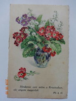Régi grafikus virágos (vallásos) üdvözlő képeslap, Boór Vera rajz