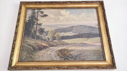 Large erich krüger painting oil canvas with gold frame (in the harz mountain) German landscape