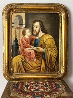 SZENT JÓZSEF A KIS JÉZUSSAL ANTIK OLAJ VÁSZON FESTMÉNY ARANY SZÍNŰ BIEDER KERETBEN