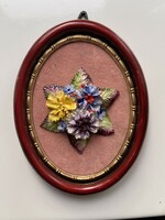 Fairy Italian porcelain flowers on a velvet base in an oval frame.