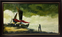 László Tokaj: ships on the shore, oil painting