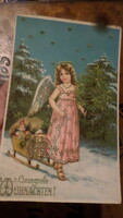 Régi , karácsonyi , angyalkás képeslap , aranyozott mintával .