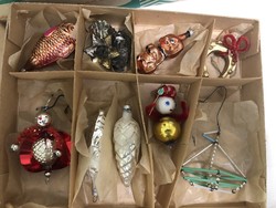 Antique, old Christmas tree decoration package in a box of 10 (ladybug, Gablonz boat, dog...)